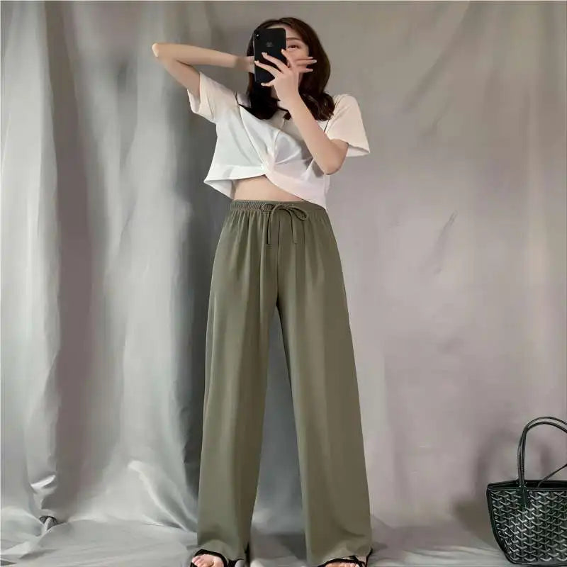 New Women Ankle-Length Wide Leg Pants Casual Summer Solid Elastic Waist Loose Ice Silk Pants Spring Summer Female Trousers
