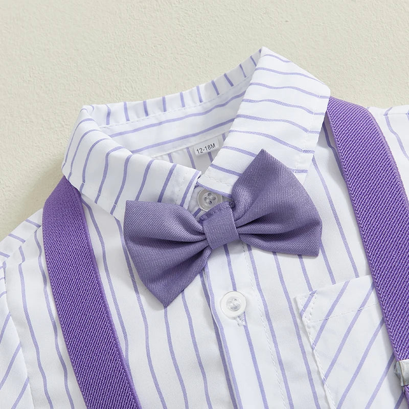 Boy Gentleman Outfit Vertical Stripe Print Short Sleeves Shirt with Bow Tie and Suspender Shorts Set for Formal Wear
