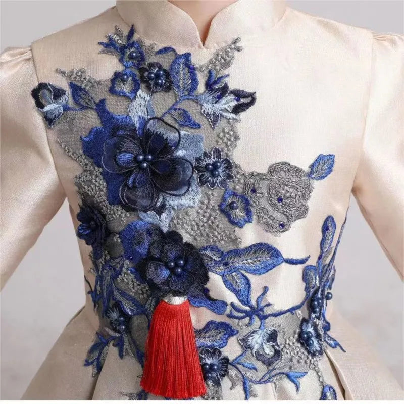 Girls' Fashion Evening Dress Children's Chinese Style Host Piano Performance Costume Dress Kids' Stand up Embroidered SkirtLI852