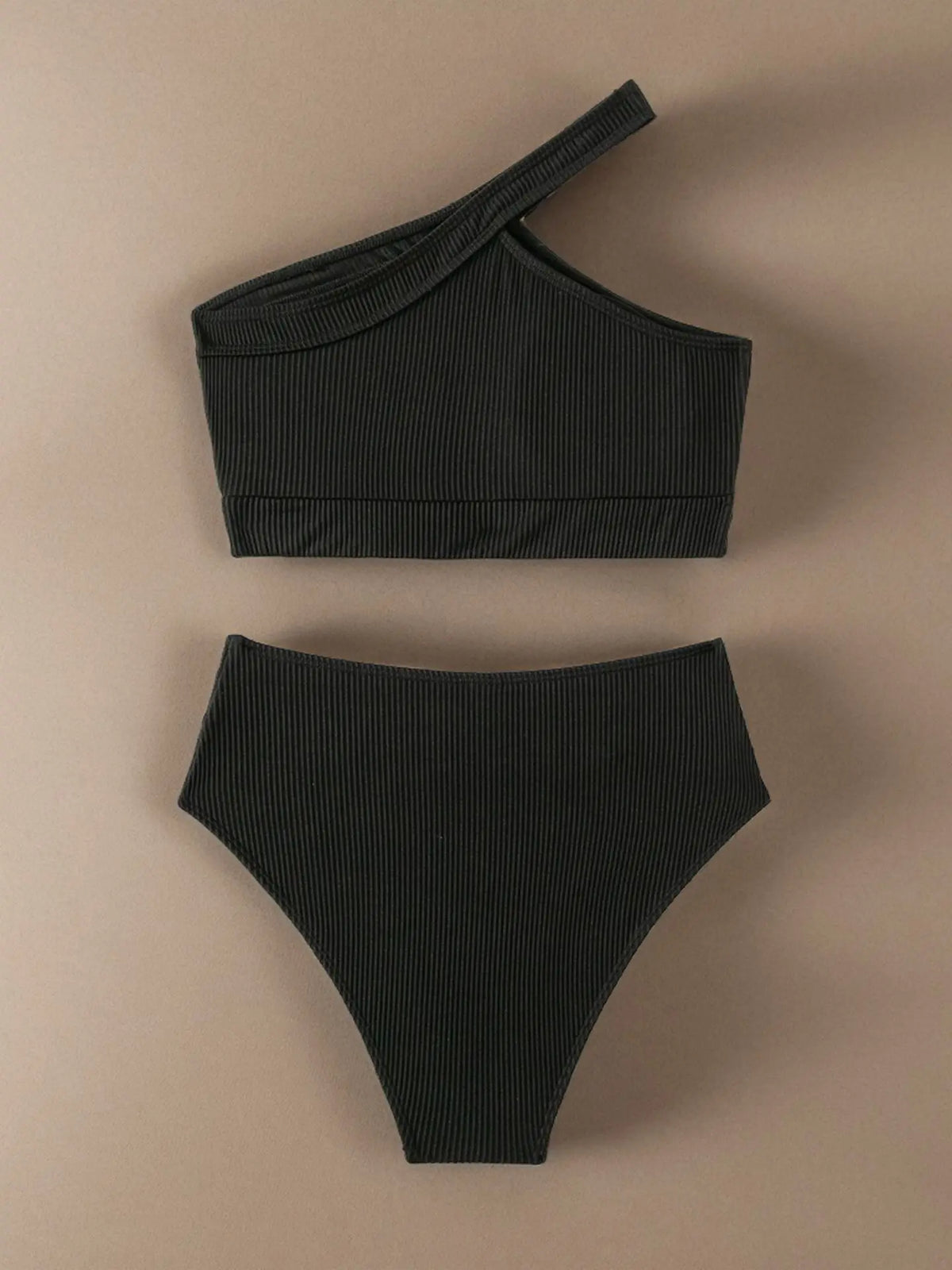 Ribbed Knit One Shoulder Bikini Asymmetrical Strap Crop Top V‑Shaped High Waisted Bottom Two‑Piece Swimsuit Women Tummy Control