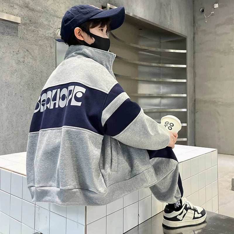 Fashion Boys Clothing Set Spring Autumn Patchwork Zipper Coat Pants 2Pcs For 4-12 Years Kids Tracksuits Teenager Casual Outfits (Available)