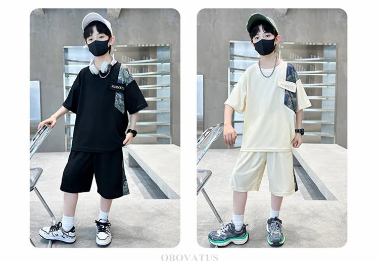 Boys Summer Suit Kids Short Sleeve T-Shirt Sports Casual Outfits for Teenage Boy Clothing Sets With Cartoon Bear
