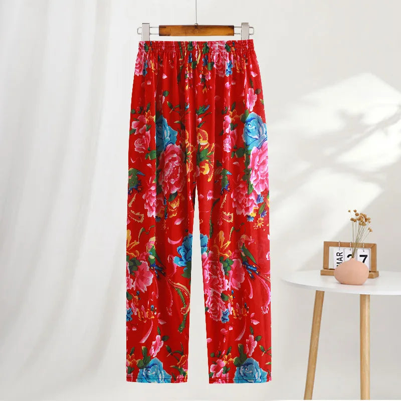 High Waist Floral Pants Straight Leg Home Leisure Women's plus Size High Elasticity Air Conditioning Pants Casual Trousers
