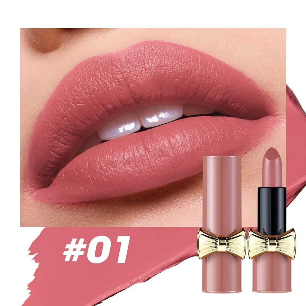 Bowknot Lipstick Matte Velvet Nude Lipstick Brightly Coloured Lip Tint Balm Non-stick Cup Smooth Sexy Red Pink Lip Glaze Makeup