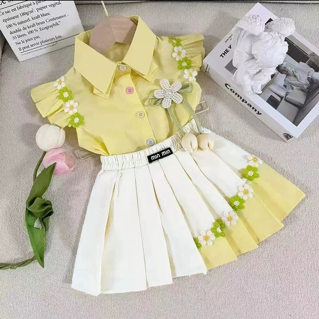 Bear Leader Summer Sweet and Cute Girl's Suit Pink 3D Decal Top+Decal Pleated Skirt 2Pcs Set Korean Fashion Children's Clothing
