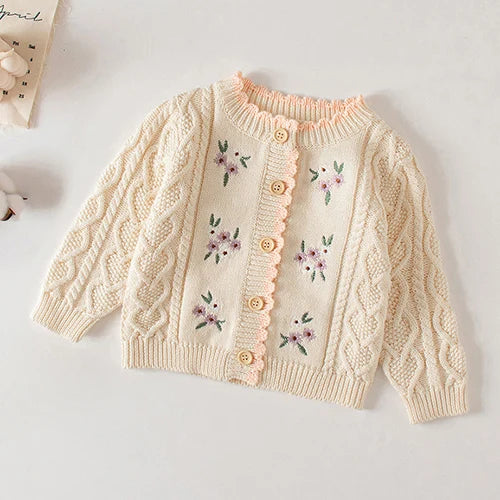 Winter Spring Baby Knitted Clothing Long Sleeved Floral Embroidery Knitting Coat Newborn Baby Girls Knitting Cardigan Sweater (Available)