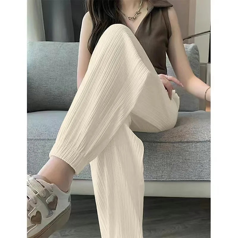 High Waist Lantern Pants Women's Loose Fit Summer Spor Casual Thin Ice Silk Drapey Two-Piece Set Commute Sle Korean Faion
