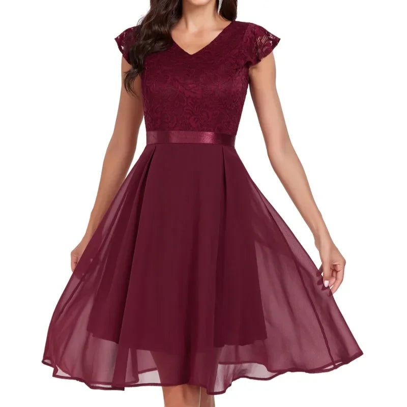 New Women'S Party Dresses Short Sleeve Lace Mid Length Dresses Soild Formal Evening Dress Fine Woman Summer Elegant Dress