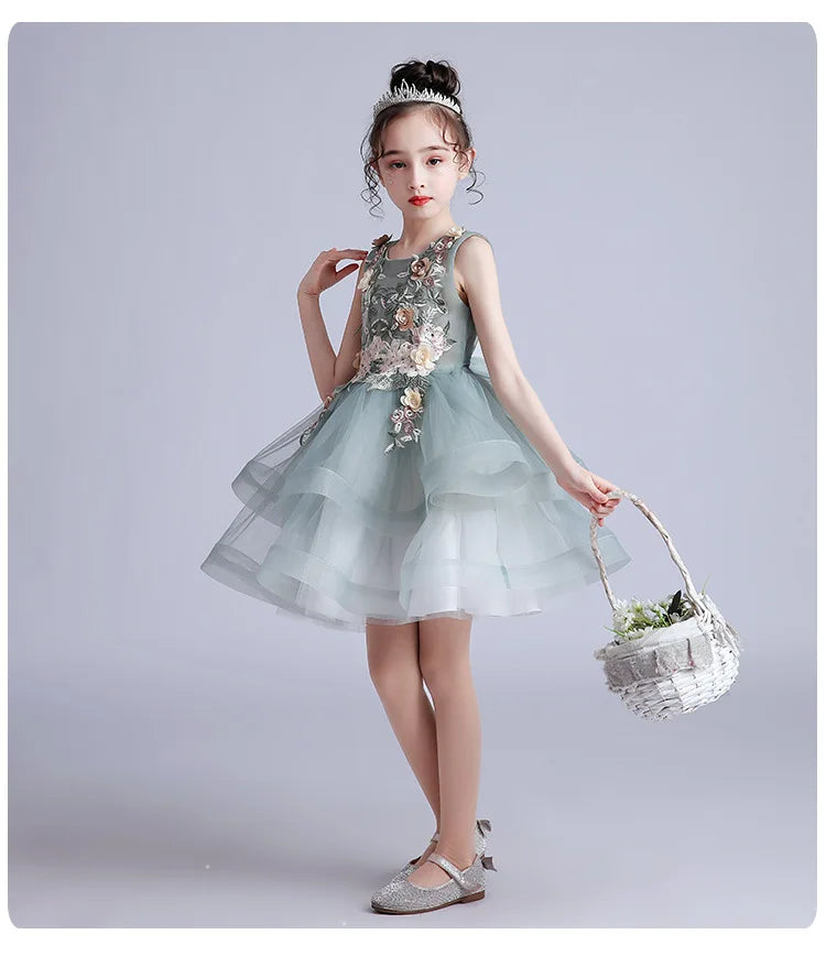 Kids Girls Layered Dress  Elegant Flower Girl Dresses for Wedding Birthday Party Children Festival Ball Gown