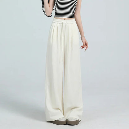 White Ice Silk Wide Leg Pants Women's Summer Thin High Waist Slimming Casual Versatile Elastic Waist Draped Straight Leg Trouser