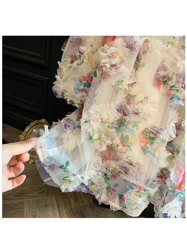 New Baby Girls floral print Fall Mesh Long Sleeve Dress Princess Kids Sweet Party Dresses