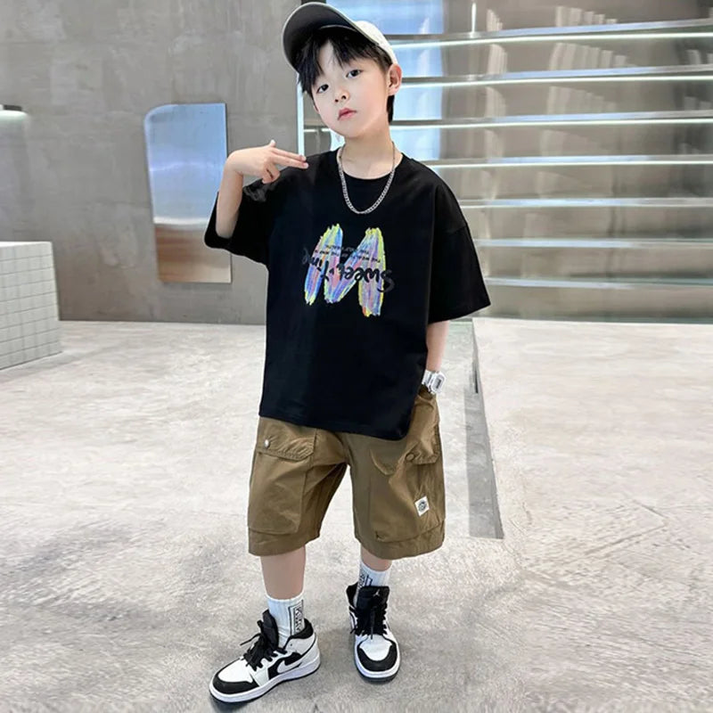 Boys Summer Clothing Sets Big Children Short-sleeved Top+Shorts Suits 2025 New Teenager T-shirt Loose Sports 2Pcs Outfits 4-14Y