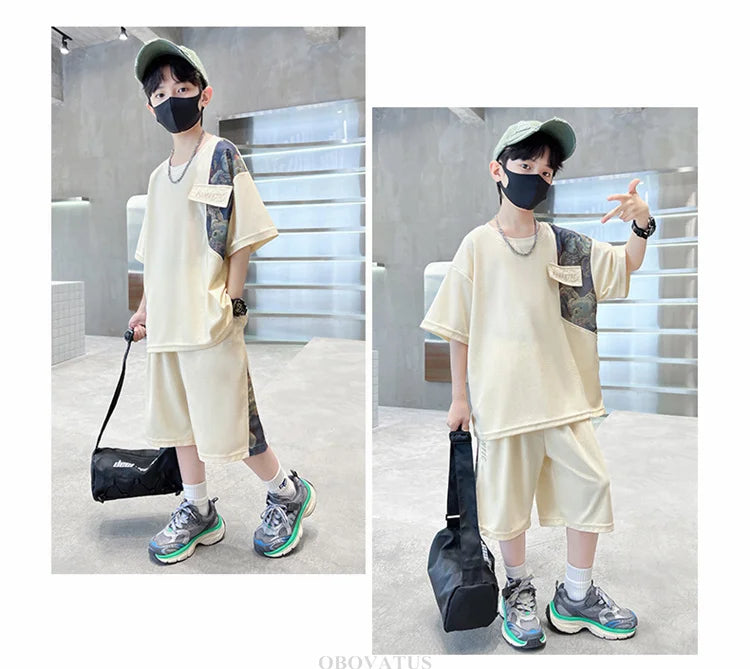 Boys Summer Suit Kids Short Sleeve T-Shirt Sports Casual Outfits for Teenage Boy Clothing Sets With Cartoon Bear