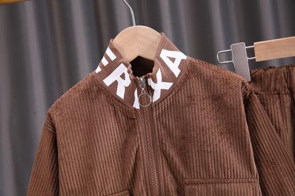 Baby Boys Clothes Suit Children Fashion Autumn/Winter Printed Corduroy Boys' Coat Zipper Long Sleeve Boys' Top+Pants Casual Set