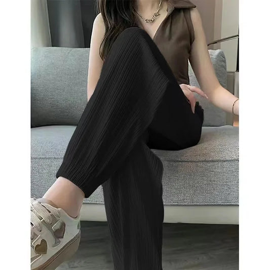 High Waist Lantern Pants Women's Loose Fit Summer Spor Casual Thin Ice Silk Drapey Two-Piece Set Commute Sle Korean Faion