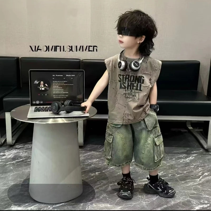 Kids Boy New Outfit Set Korean Children's Summer Clothing Denim Shorts +Thin Tie Dye Vest Sleeveless T-shirt 2-piece Set