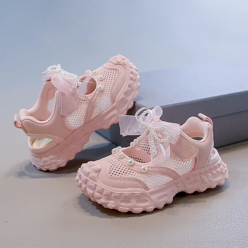 Summer Children School Running Sandals Sweet Breathable Girls Mesh Sports Sandals Non-slip Fashion Kids Princess Cut-outs Shoes