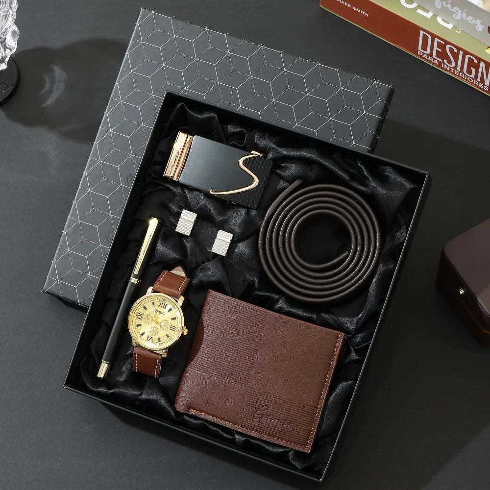 New Luxury Men's Accessory Set Watch Belt Wallet Pen Keychain Bracelet Cufflinks Sunglasses Gift Box for Dad Husband Boyfriend