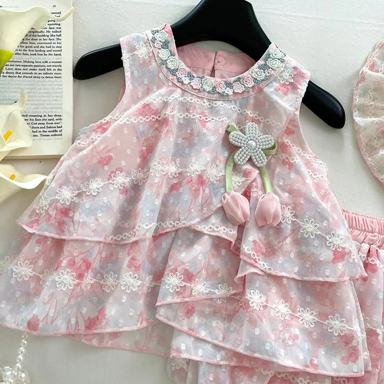 Baby Girls Summer Clothes Sweet Lace Embroidery Flowers 3pcs Sets Tops Shirts+shorts+hat,Kids Children Princess Clothes