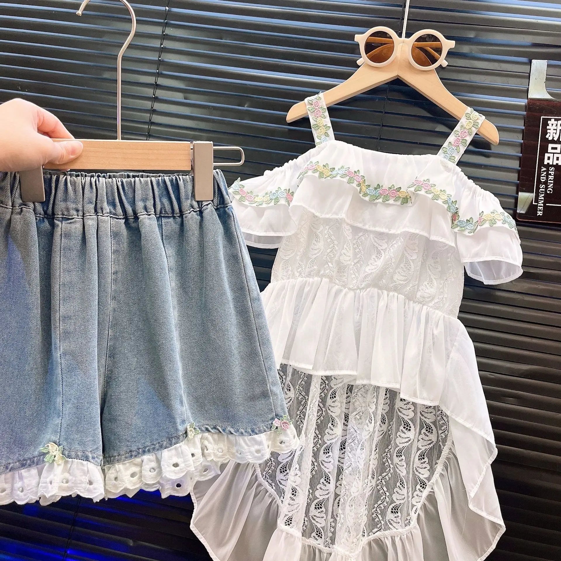 New Style Children's Strap Skirt Top Cowboy Shorts Kids Fashion Outwear Two Piece Set