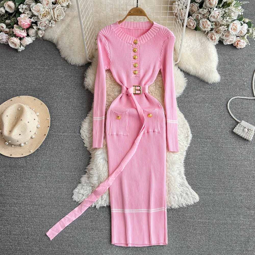 Women Dress  Autumn Winter Elegant Rib Knit Long Pencil Dress with Belt Office Lady Bodycon Sweater Dress Vestidos