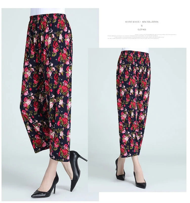 Summer Ladies Ice Silk Loose Casual Home Pants Elastic plus Size Mom Square Sports High Waist Straight Leg Length Nine Points