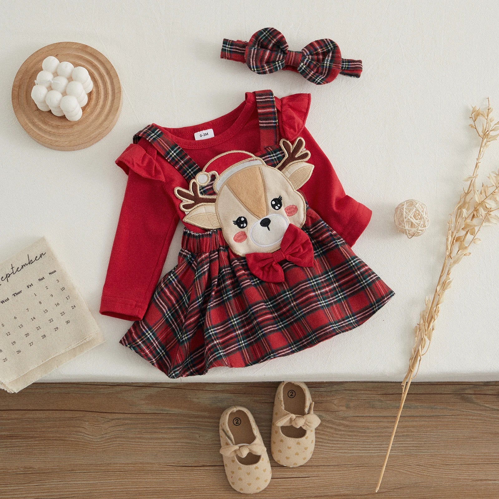 VISgogo 3Pcs Baby Girl Clothes Christmas Outfit Ruffle Long Sleeve Romper Cartoon Elk Embroidery Plaid  A-Line Skirt Headband (Available)