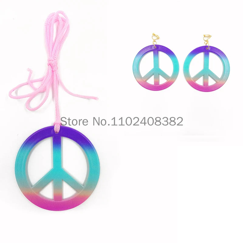 Women 70s 80s Hippie Cosplay Accessories Halloween Party Props Daisy Headband Sunglasses Peace Necklace Hippie Custome wearing
