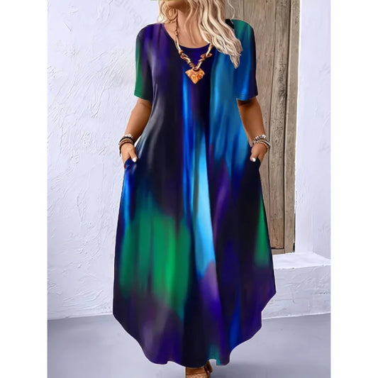 European and American Style Women's Dress3DPrinted floral pattern round neck short sleeve dress