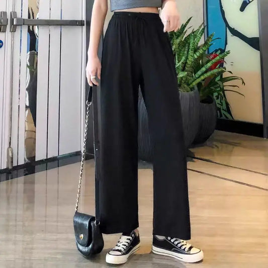 2024 New Women Ankle-Length Wide Leg Pants Casual Summer Solid Elastic Waist Loose Ice Silk Pants Spring Summer Female Trousers