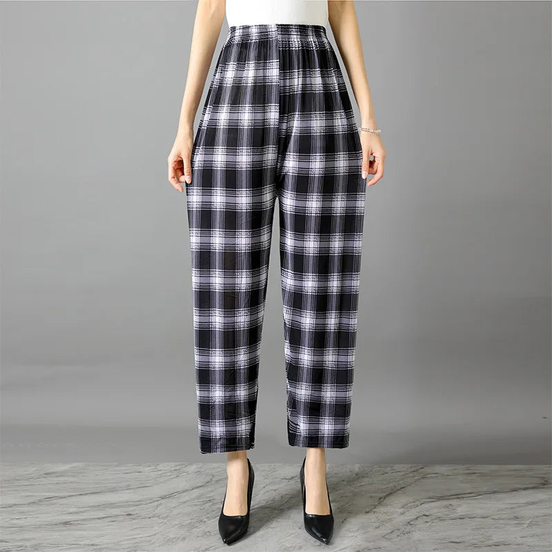 Summer Ladies Ice Silk Loose Casual Home Pants Elastic plus Size Mom Square Sports High Waist Straight Leg Length Nine Points
