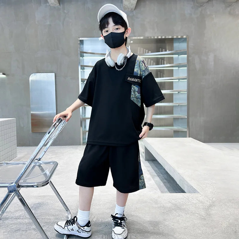 Boys Summer Suit Kids Short Sleeve T-Shirt Sports Casual Outfits for Teenage Boy Clothing Sets With Cartoon Bear