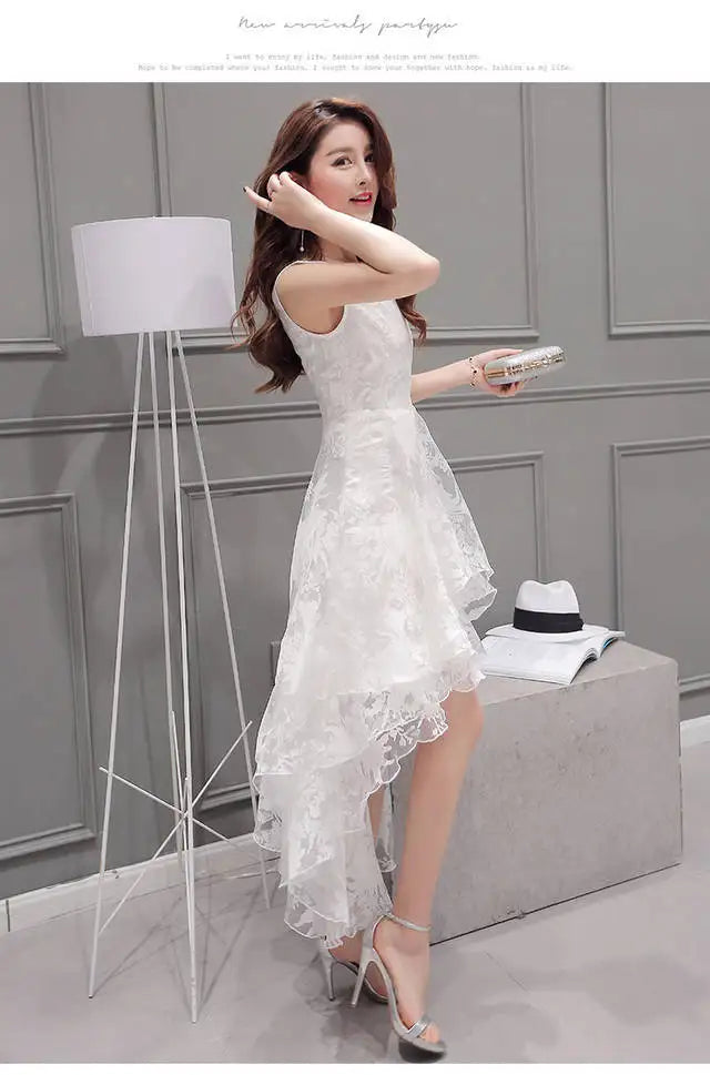 Summer High Low Retro Dress Vintage Women Sleeveless Front Back Short Long Organza Lace Dress Ladies Elegant Party Dress