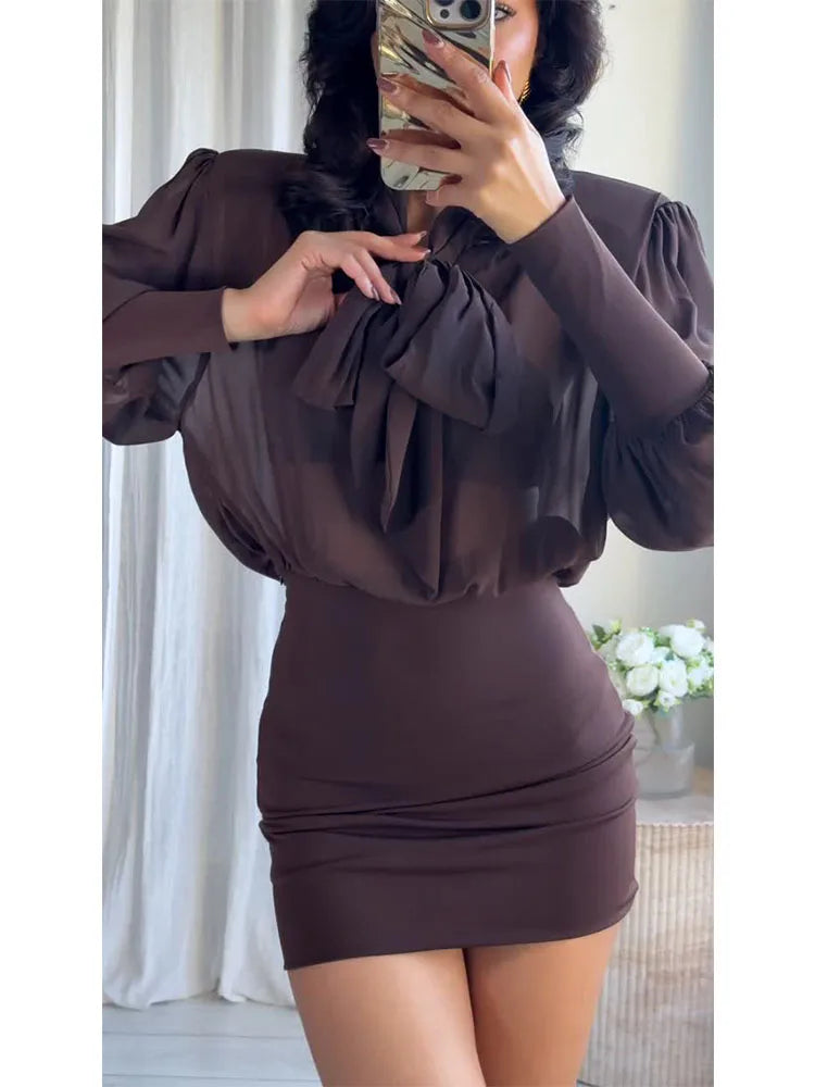 HH Female Party Dress Women Patchwork Short Dress Fashion Sexy Backless Long Sleeves Bow Tie Decoration Casual Summer Dress