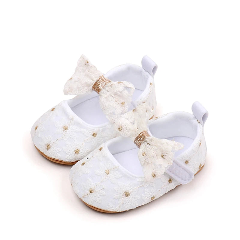 Newborn Baby Girls Mary Jane Flats Cute Bowknot Wedding Dress Shoes Non-Slip First Walkers Embroidery Flower Soft Shoes