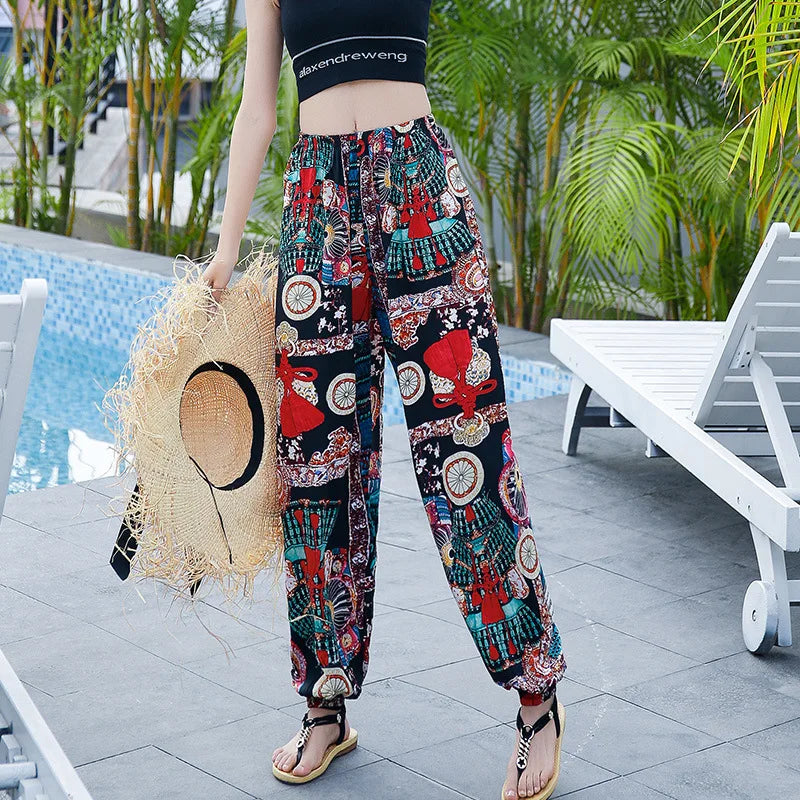 Women's Mosquito-proof Cotton Silk Beach Summer Casual Flower Pants Artificial Cotton Summer Sleeping Pants Thin Adult Bloomers