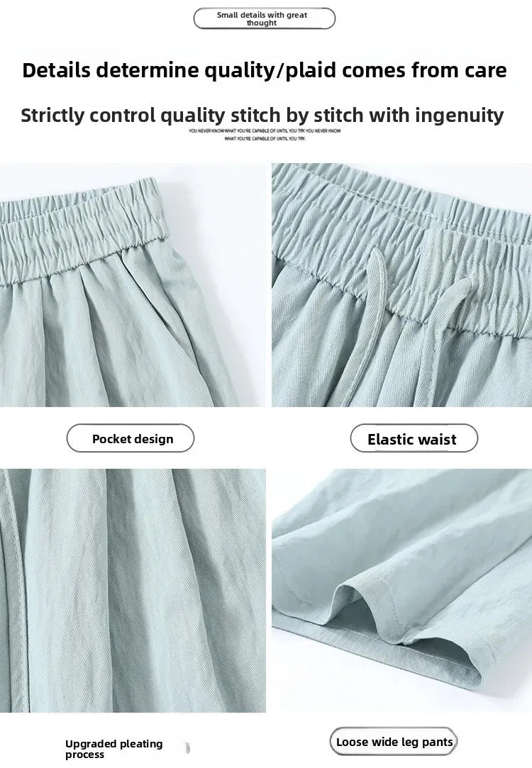 White Ice Silk Wide Leg Pants Women's Summer Thin High Waist Slimming Casual Versatile Elastic Waist Draped Straight Leg Trouser