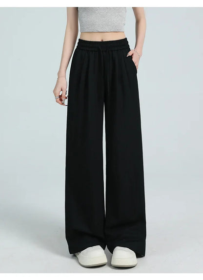 White Ice Silk Wide Leg Pants Women's Summer Thin High Waist Slimming Casual Versatile Elastic Waist Draped Straight Leg Trouser