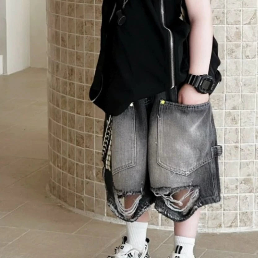 Boys' Korean Vintage Distressed Jeans 100% Cotton Streetwear Kids' Trendy Outfit