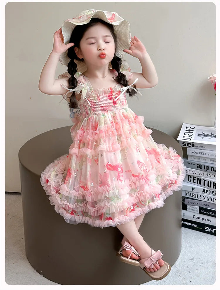Girl Summer Mesh Dress Doll Baby  Kids Back Butterfly Flower Suspender Princess Dress Fashion Casual