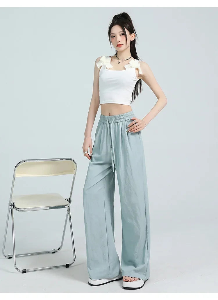 White Ice Silk Wide Leg Pants Women's Summer Thin High Waist Slimming Casual Versatile Elastic Waist Draped Straight Leg Trouser
