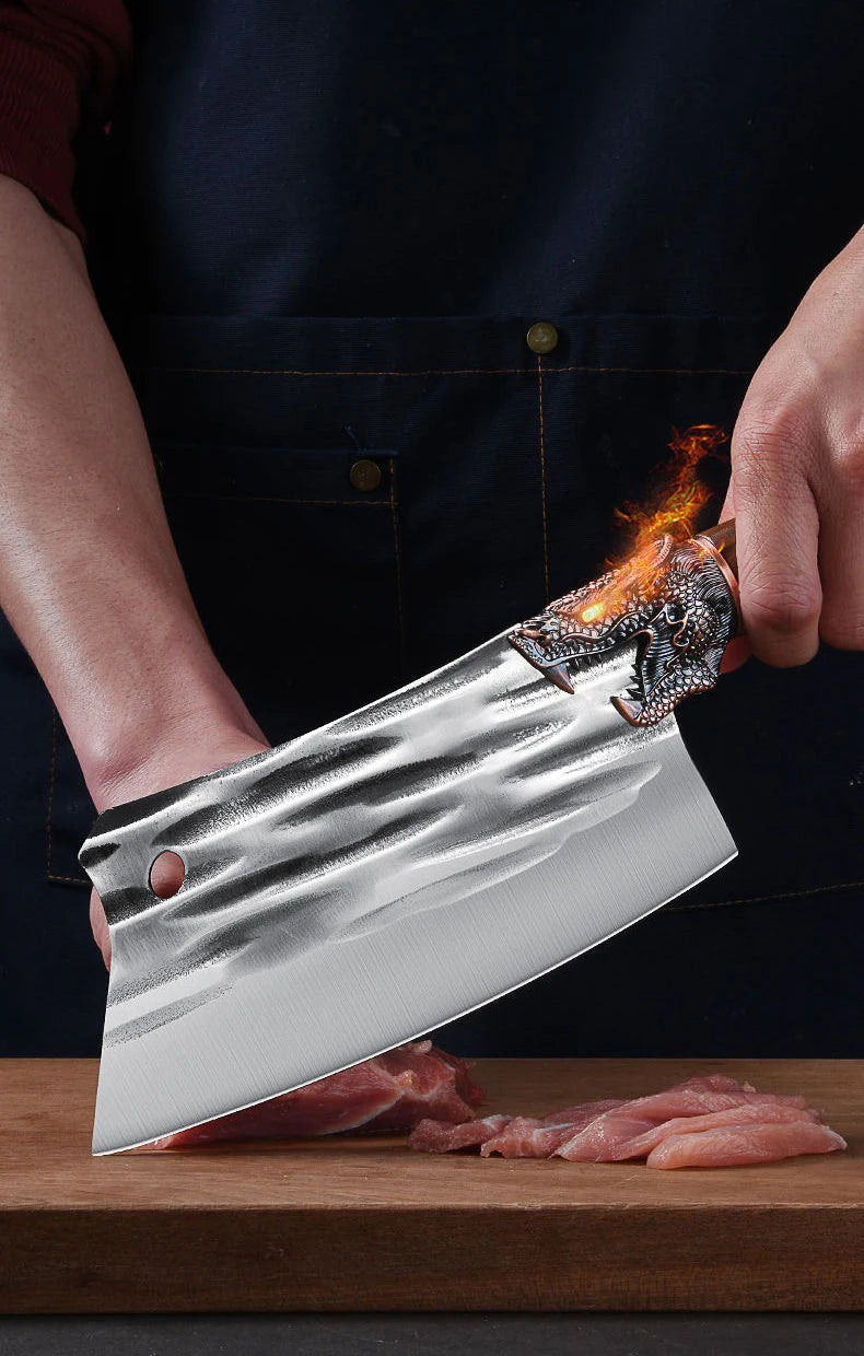 Loong Head Handle Chopping Knife Handmade Forged Bone Knife Butcher Chef's Slicing Knives Cleaver Cooking Knife Kitchen Utensil