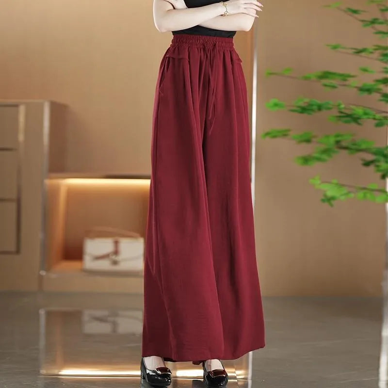 Summer Ice Silk Wide Leg Pants Women's Loose Casual Long Trousers High Waist Korean Sle Polyester Fiber Drapey Sumi Pants
