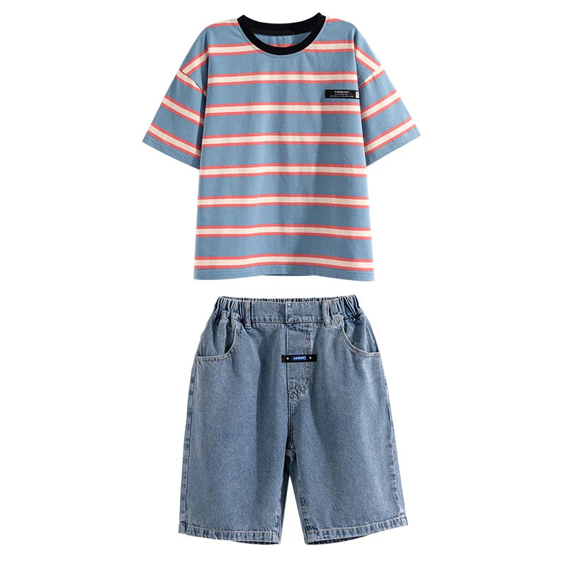 Tween Boy Summer Clothing Set Child Casual Cotton Stripe T-shirt & Denim Shorts 2 Piece Suit Teenage Kids Luxury Clothes Costume
