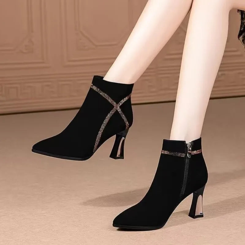 High heeled short boots for women in spring autumn new pointed fashion style versatile  simple high heels