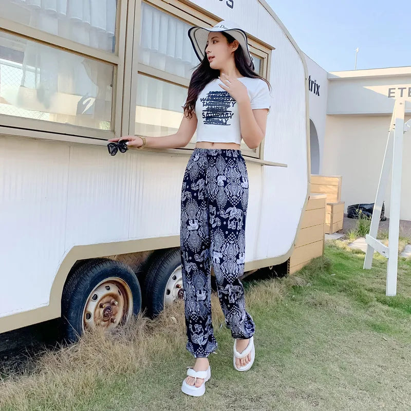 Women's Mosquito-proof Cotton Silk Beach Summer Casual Flower Pants Artificial Cotton Summer Sleeping Pants Thin Adult Bloomers