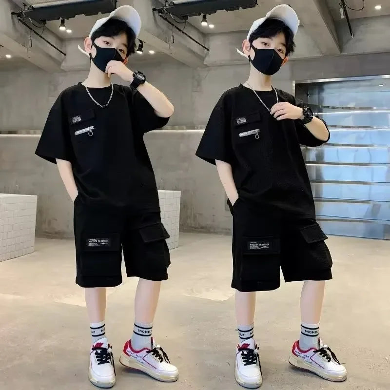 Summer Kids Boys T-Shirt+Shorts 2-Piece Set Letter Printing Children Teen Loose Comfortable Sports Casual Clothes 4-14 Years Old