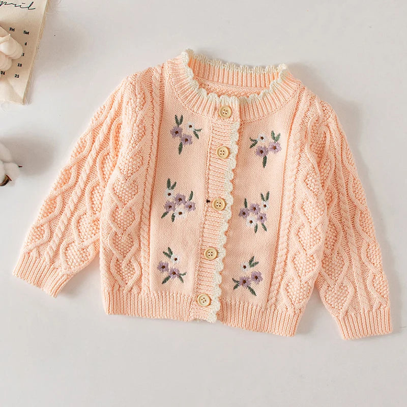 Winter Spring Baby Knitted Clothing Long Sleeved Floral Embroidery Knitting Coat Newborn Baby Girls Knitting Cardigan Sweater (Available)