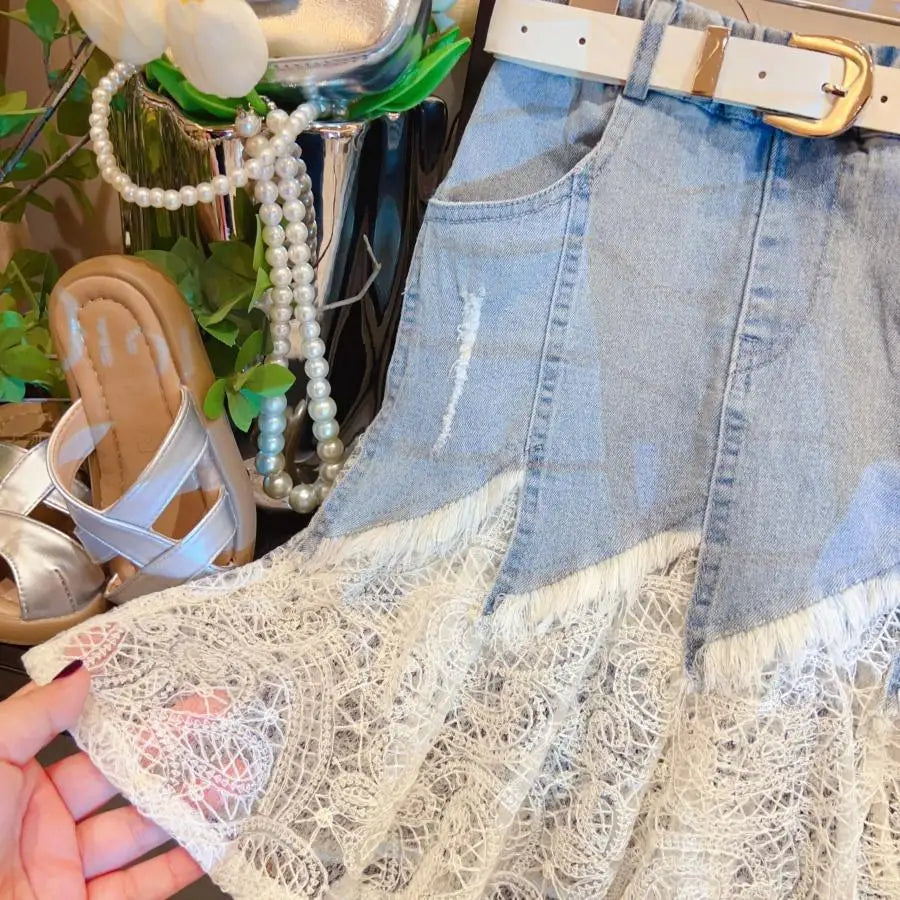 Girls' Summer Clothing Korean Version Denim Skirt New Style Children's Stylish Half Skirt Fashionable Three Piece Set