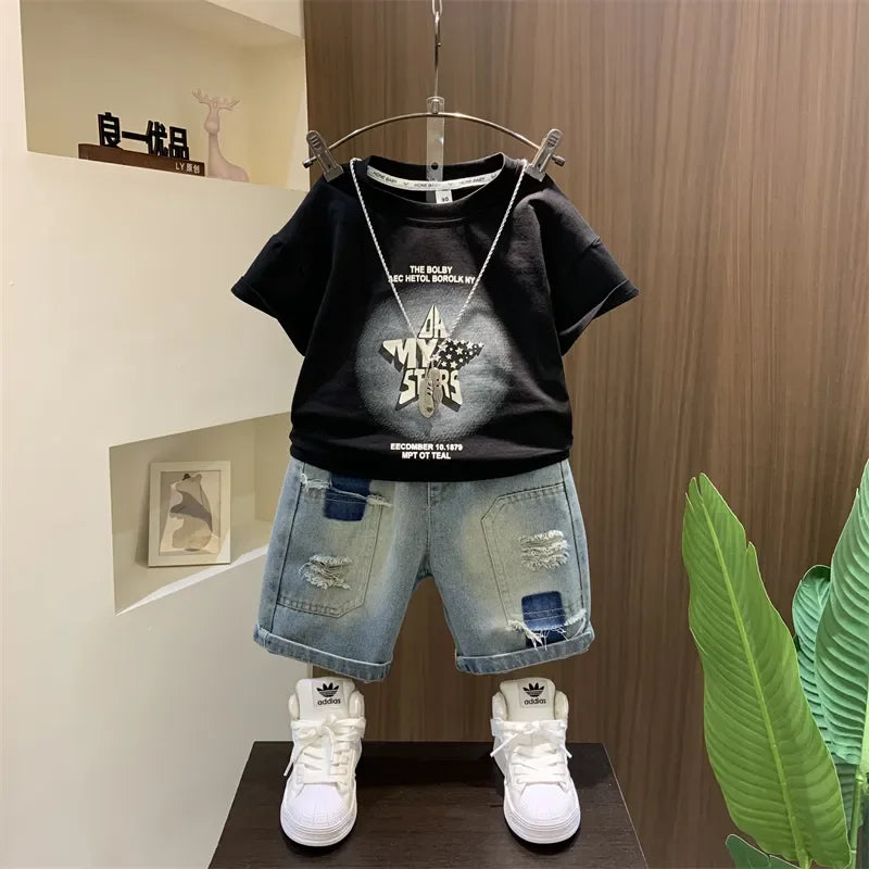 Children Clothing Korean Cotton Short Sleeve Print Shirt+Shorts Set for Toddler Boy Baby Summer Thin Casual Fashion Outfit